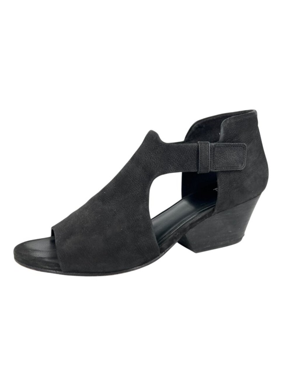 Eileen Fisher Iris Black Tumbled Nubuck Leather Stacked Heeled Sandal Size 9